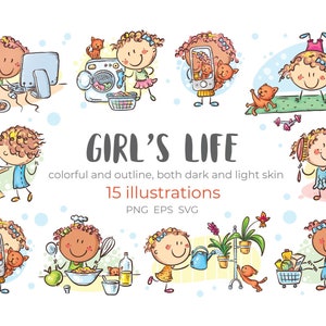 Conjunto de imágenes prediseñadas de actividades diarias para niños. Imágenes prediseñadas de la vida diaria de una niña. Actividades cotidianas, ilustración vectorial infantil.