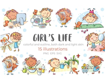 Illustrazione vettoriale delle attività quotidiane dei bambini. Set di clipart sulla vita delle ragazze, pacchetto di routine quotidiana. Attività quotidiane per bambini.