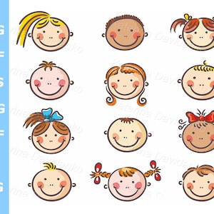 Ensemble d'enfants de dessins animés heureux faisant face à des cliparts. Illustration vectorielle dessinés à la main. Téléchargement numérique