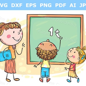 Teacher teaching clipart. School clip art. Teacher and children writing on the blackboard. Education clipart