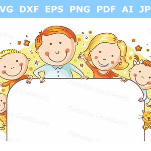 May include: Happy family illustration with parents and three children peeking over a blank white sign. The dad has orange hair, the mom has blonde hair, and the children have a mix of blonde and orange hair.  The illustration is cartoonish and features a yellow background with small flowers.  The family is smiling.  A small orange cat is visible in the bottom right corner.  The file formats SVG, DXF, EPS, PNG, PDF, AI, and JPG are listed at the top.