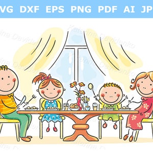 Doodle cartoon family having meal together. Family clipart, hand drawn vector illustration