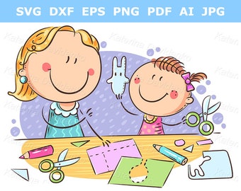 Doodle family clipart. Mother or teacher and a little girl enjoy crafting together. Preschooler education, teaching, creative activities