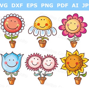 May include: A collection of six cartoon flowers with smiling faces, each in a small brown pot. The flowers vary in color, including red, yellow, pink, and blue. The image also includes the text "SVG DXF EPS PNG PDF AI JPG" at the top.