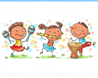 Happy cartoon kids playing musical clipart, children dancing, creative activities