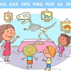 Kids on excursion in the dinosaur or natural history museum with a guide or teacher. Education clipart for children.
