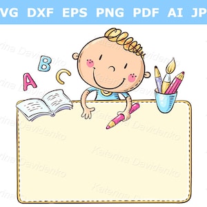 Niño pequeño con pancarta clipart Niño de escuela de dibujos animados con cartel en blanco, marco con espacio de copia Letras ABC de regreso a la escuela