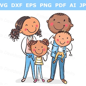 Imágenes prediseñadas de una familia de dibujos animados. Retrato de una familia joven de cuatro integrantes. Familia feliz con niños de pie juntos. Imágenes prediseñadas de padres con dos hijos.