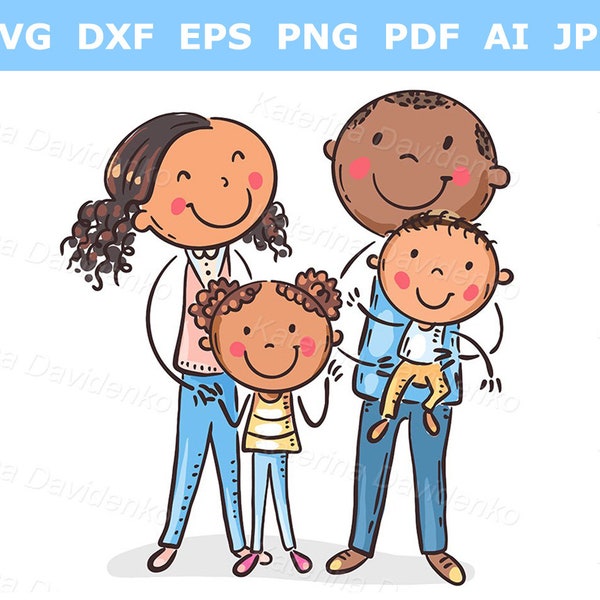 Cartoon family clipart - portrait of young family of four - happy family with children standing together - Parents with two kids clip art