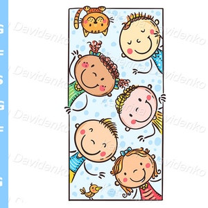 Vertical banner. Happy cartoon kids clipart. Doodle chidlren clipart, vector illustration