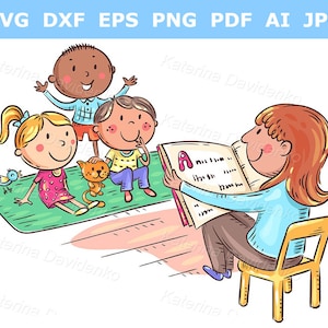 Teacher teaching clipart. Teacher reading to kids in the kindergarten. School clipart children svg pdf kid clipart