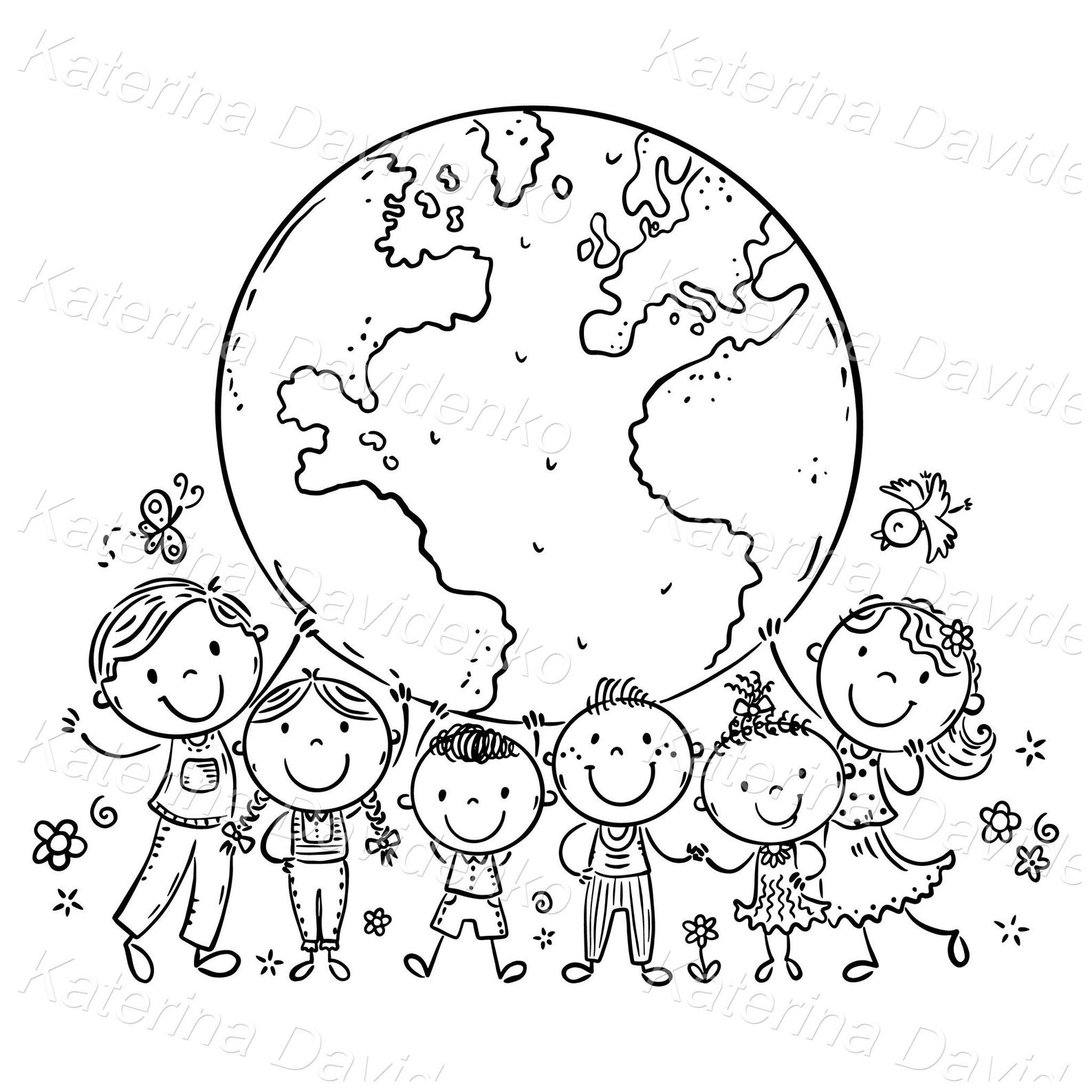 Happy Cartoon Kids Different Ages and Nationals With the Globe as a ...
