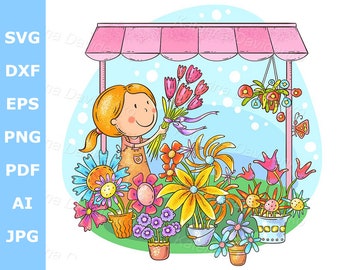 Blumenladen Clipart, Blumenständer. Floristen Mädchen, das Blumensträuße am Blumenstand oder Laden verkauft