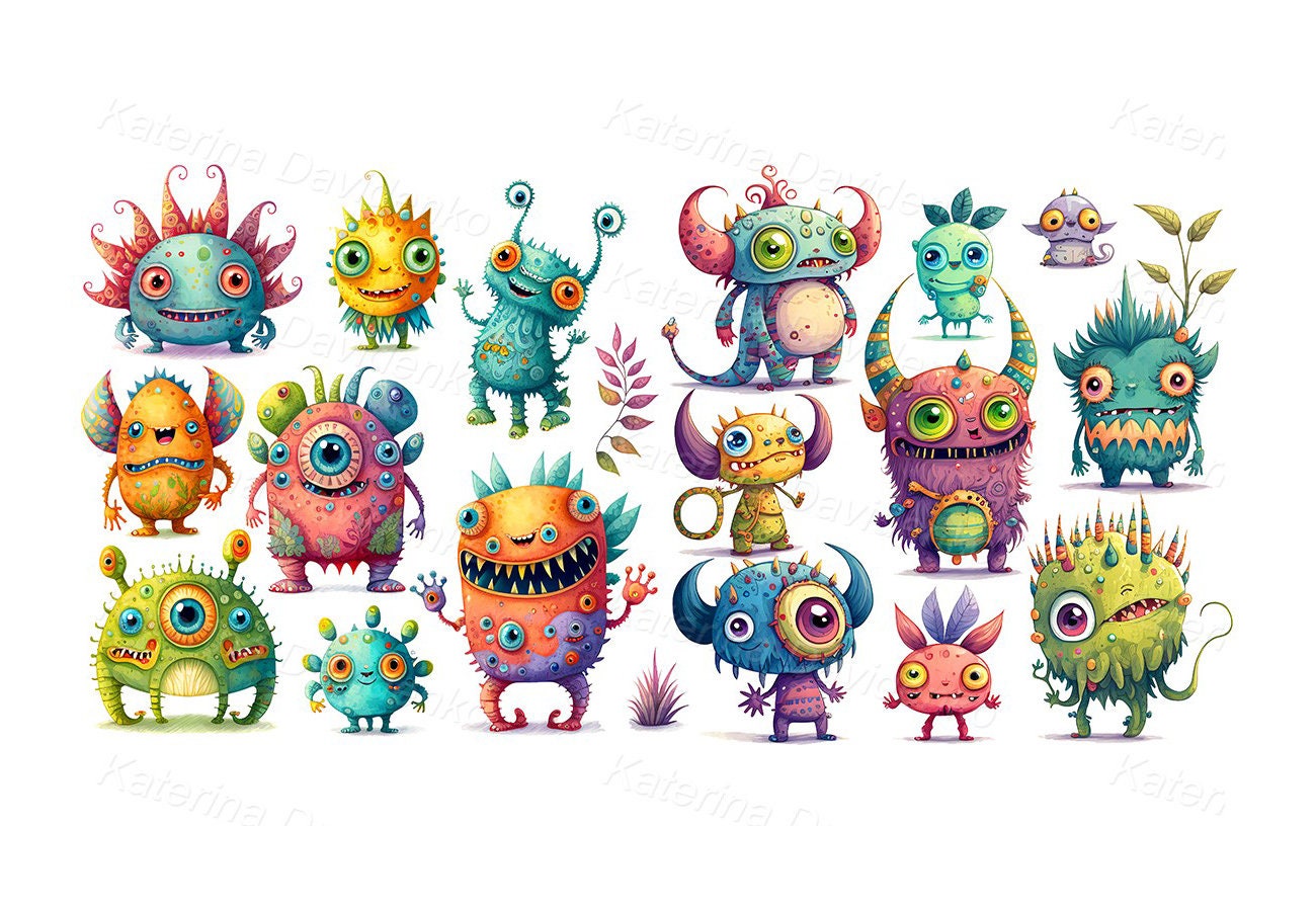 Clipart Set of Cute Cartoon Happy Monsters Colorful Etsy Israel