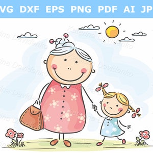 Niña de dibujos animados y su abuela en un paseo, clipart de niño y abuela, ilustración vectorial familiar
