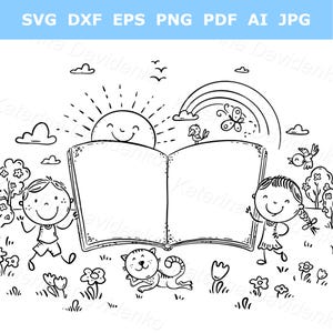 Può includere: Illustrazione in bianco e nero di un libro aperto con un sole sorridente, un arcobaleno e uccelli. Due bambini sono ai lati del libro, con un gatto e fiori in primo piano. L'immagine include il testo "SVG DXF EPS PNG PDF AI JPG".
