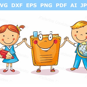Niños de la escuela felices con un libro, clipart. Clip art de regreso a la escuela. Niños de la escuela tomados de la mano con un libro, clipart de niños de dibujos animados