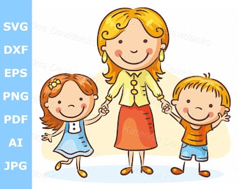 Mother with children clip art, parent and kids clipart. Cartoon happy family