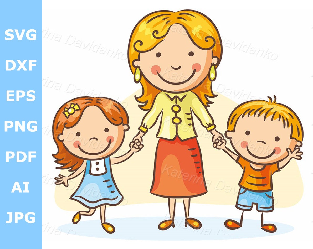 Mother With Children Parent and Kids Clipart Cartoon Happy