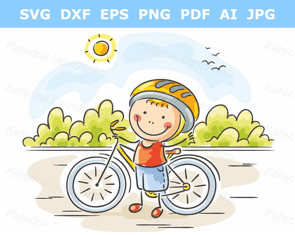 Cartoon doodle boy and his bike clipart - Happy kids activities image