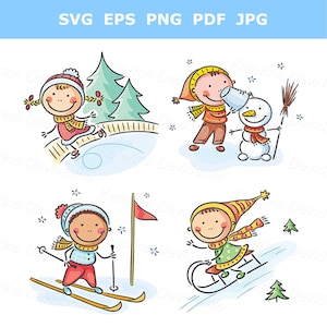 Clipart de invierno. Niños felices de dibujos animados con actividades al aire libre. Clipart infantil con garabatos. Clipart de la estación meteorológica. Niños hacen un muñeco de nieve y van en trineo.
