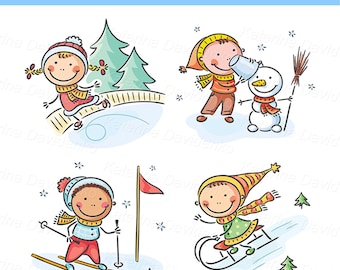 Imágenes prediseñadas de invierno. Niños felices en dibujos animados realizando actividades al aire libre. Imágenes prediseñadas de niños dibujados a mano. Imágenes prediseñadas de la estación del año. Niños haciendo un muñeco de nieve, se deslizan en trineo.