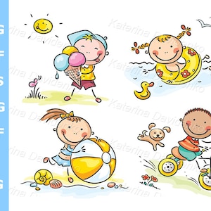 Dibujos animados hechos a mano para niños que practican actividades al aire libre en verano. Clipart de temporada. Niños jugando al aire libre en garabatos, descarga digital