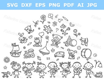 Kids clipart set. Cartoon happy kids with toys. Outline children standing in a row. svg png illustration, digital download