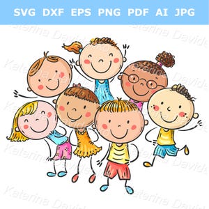 Glückliche Cartoon Kinder zusammen stehen, Gruppe von ethnischen Kindern, lustige Jungen und Mädchen, Hand gezeichnete isolierte Vektor-Illustration