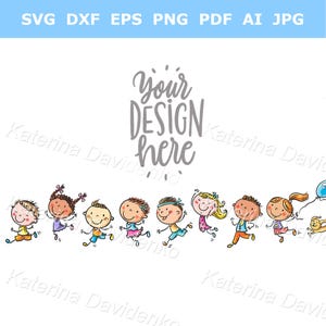 Cartoon happy kids running together clipart, cute little children jumping with joy isolated characters, kindergarten boys and girls in a row