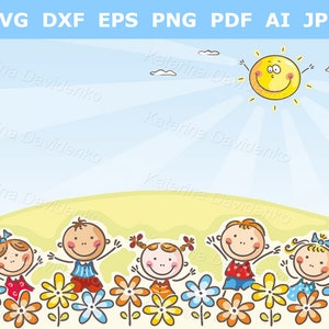 Happy kids clipart. Doodle children outdoors activity, cartoon illustration with copyspace