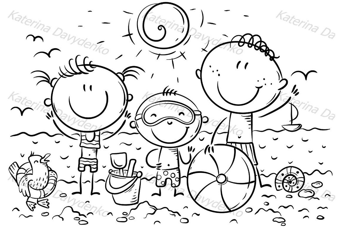 Seaside Vacation Clipart. Kids Summer Activities. Happy Kids at the ...