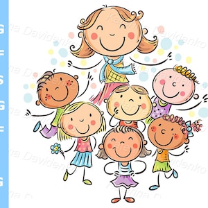 Niños felices de la escuela con su maestra - ilustración vectorial de imágenes prediseñadas de escuela o jardín de infantes - Imágenes prediseñadas escolares