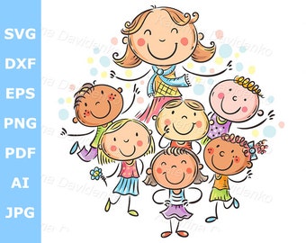 Clipart di bambini felici con il loro insegnante - illustrazione vettoriale di clipart di scuola o asilo - Clipart di scuola