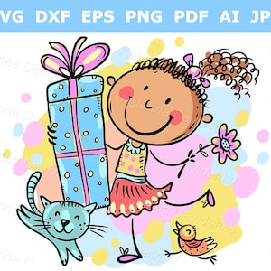 Cartoon girl holding a gift box. Kid with present, child clipart, vector illustration, commercial use
