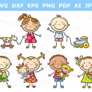 Cartoon Kindergarten Kinder Clipart. Kleine glückliche Kinder die ihr Spielzeug halten. Kinder svg, Kinder PNG, Vorschule Clipart, Doodle Clipart