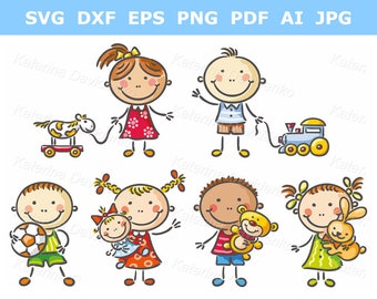 Cartoon kindergarten kids clipart. Little happy children holding their toys. Kids svg, children PNG, preschool clipart, doodle clipart