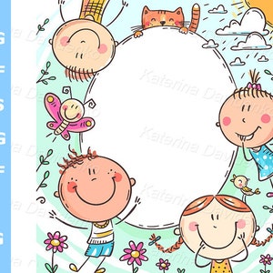 Cartoon frame with happy kids with a blank space for your design. Digital download, vector illustration for shop banners, kid&#39;s branding
