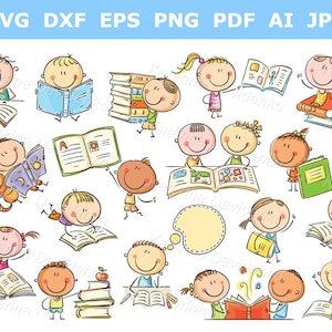 Conjunto de imágenes prediseñadas de niños con libros. Ilustración vectorial infantil.