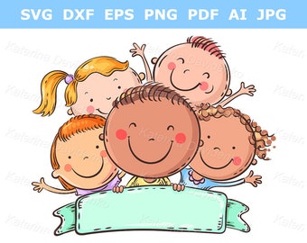 Happy diverse children with blank ribbon banner. Great for educational posters or sticker labels. High-res PNG, editable