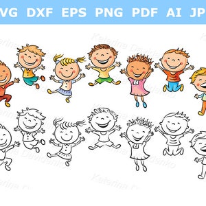 Niños de dibujos animados felices saltando de alegría. Niños en fila. Personajes aislados, ilustración vectorial dibujada a mano