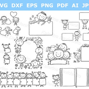 Umriss Cartoon Kinder Clipart-Set mit Textfreiraum, Kinder mit leeren Rahmen und Rand. Schwarz-weiße Vektor-Illustration