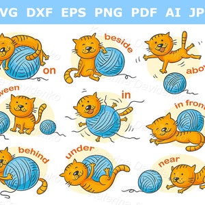 May include: An illustration of a cat and a ball of yarn in different positions. The words "on", "beside", "above", "between", "in", "in front of", "behind", "under", and "near" are written around the images.