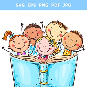 Gruppe bunter Kinder, die zusammen ein Buch lesen. Lernmaterial, Buchumschlag, bearbeitbares Design für Website, Cartoon Schulkinder