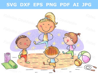 Yoga kids activities clipart - Teacher and little children doing yoga or gymnastics - Physical therapy clip art