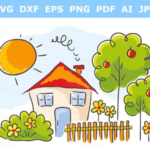 Cartoon landhuis met tuin, kindertekeningen, zomerhuisje met bloemen en bomen clipart