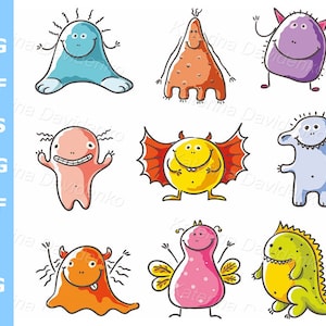 Happy cartoon monsters clipart. Printable colorful stickers for kids. Cute monsters clip art