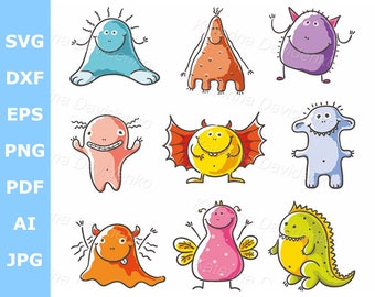 May include: Set of eight colorful cartoon monsters with different expressions and features, including wings, horns, and spikes. The monsters are drawn in a simple, whimsical style.