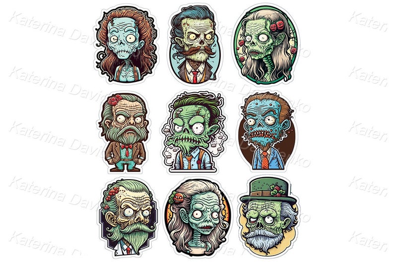 Set of Stickers Cartoon Zombie Clip Art Halloween Characters Etsy