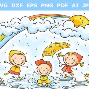 Happy kids clipart. Doodle kids playing in the rain. Cartoon children activities outdoors. Autumn season weather clipart. For children book